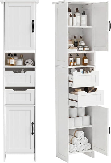 67" Tall Bathroom Storage Cabinet, Narrow Bathroom Cabinet with 2 Doors, 2 Drawers and 2 Adjustable Shelves, Slim