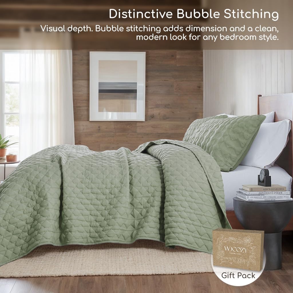 Sage Green Quilt Bedding Sets with Pillow Shams, Lightweight Soft Bedspread Coverlet, Quilted Blanket Thin
