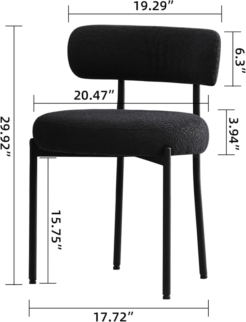 Black Boucle Dining Chairs Set of 2, Mid Century Modern Kitchen Chairs with Curved Backrest and Metal Legs