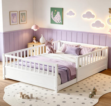 Full Size Floor Bed with high Fence, Solid Pine Wood Montessori Bed for Kids Girls Boys Floor Bed Frame, White with