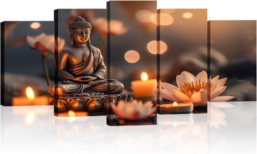 Buddha Canvas Wall Art 5 Piece Zen Wall Decor Pink Lotus Prints Meditation Picture for Yoga Spa Spiritual Room Home - Set of 5