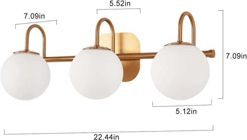 Modern Bathroom Vanity Light Fixtures 3 Lights Brushed Brass Frame and Milk White Glass Globe Shade Modern Wall