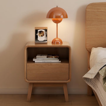 Solid Oak Wood Nightstand with Drawer & Open Shelf, Small