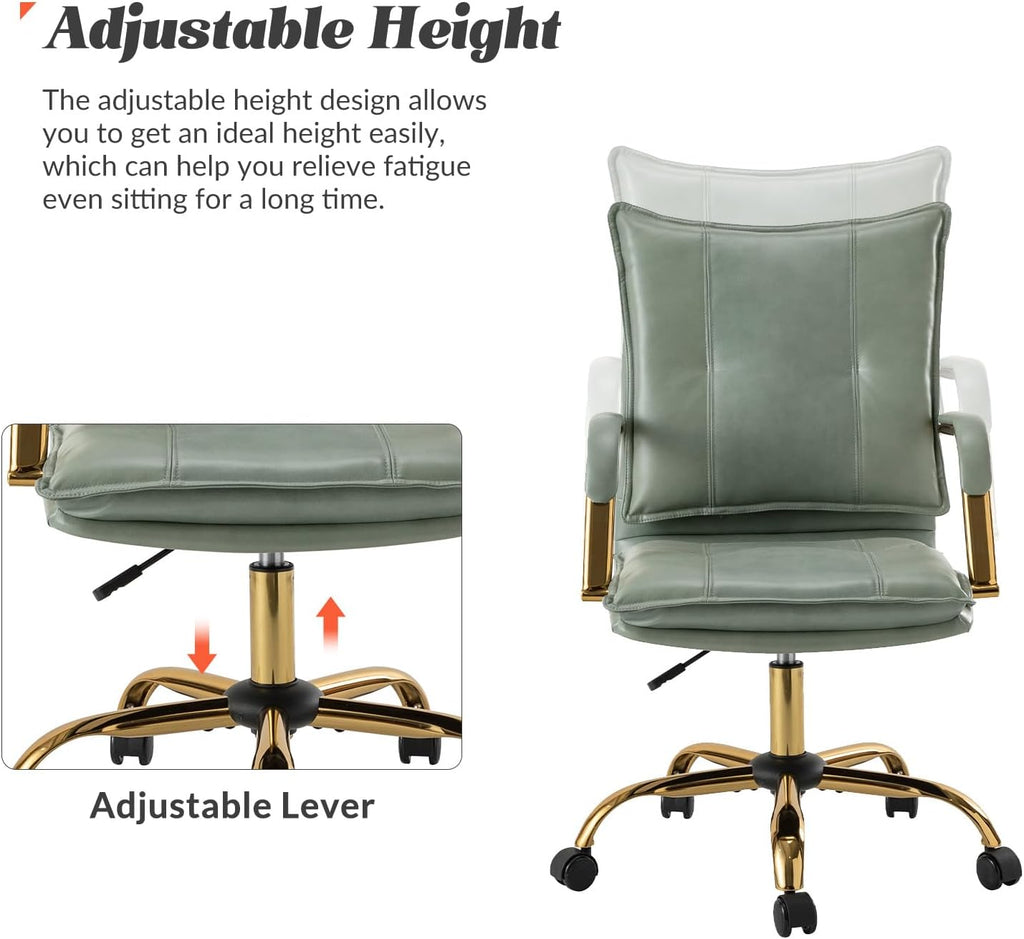 Faux Leather Home Office Desk Chair, Adjustable Swivel Computer Chair with Golden Legs and Arms, Comfy Upholstered