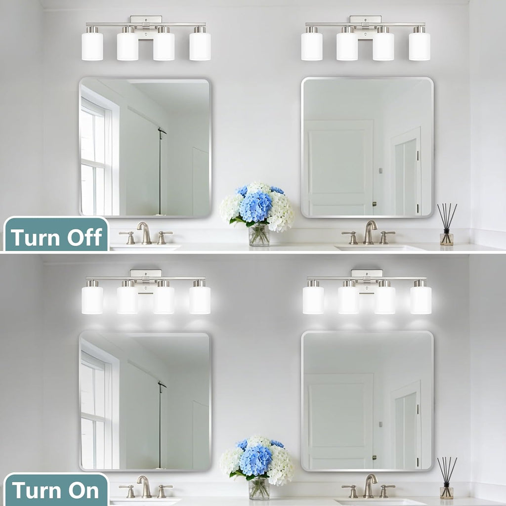 Brushed Nickel Bathroom Light Fixtures, 4-Light Modern Vanity Lights with Milky White Frosted Glass Shades, Wall
