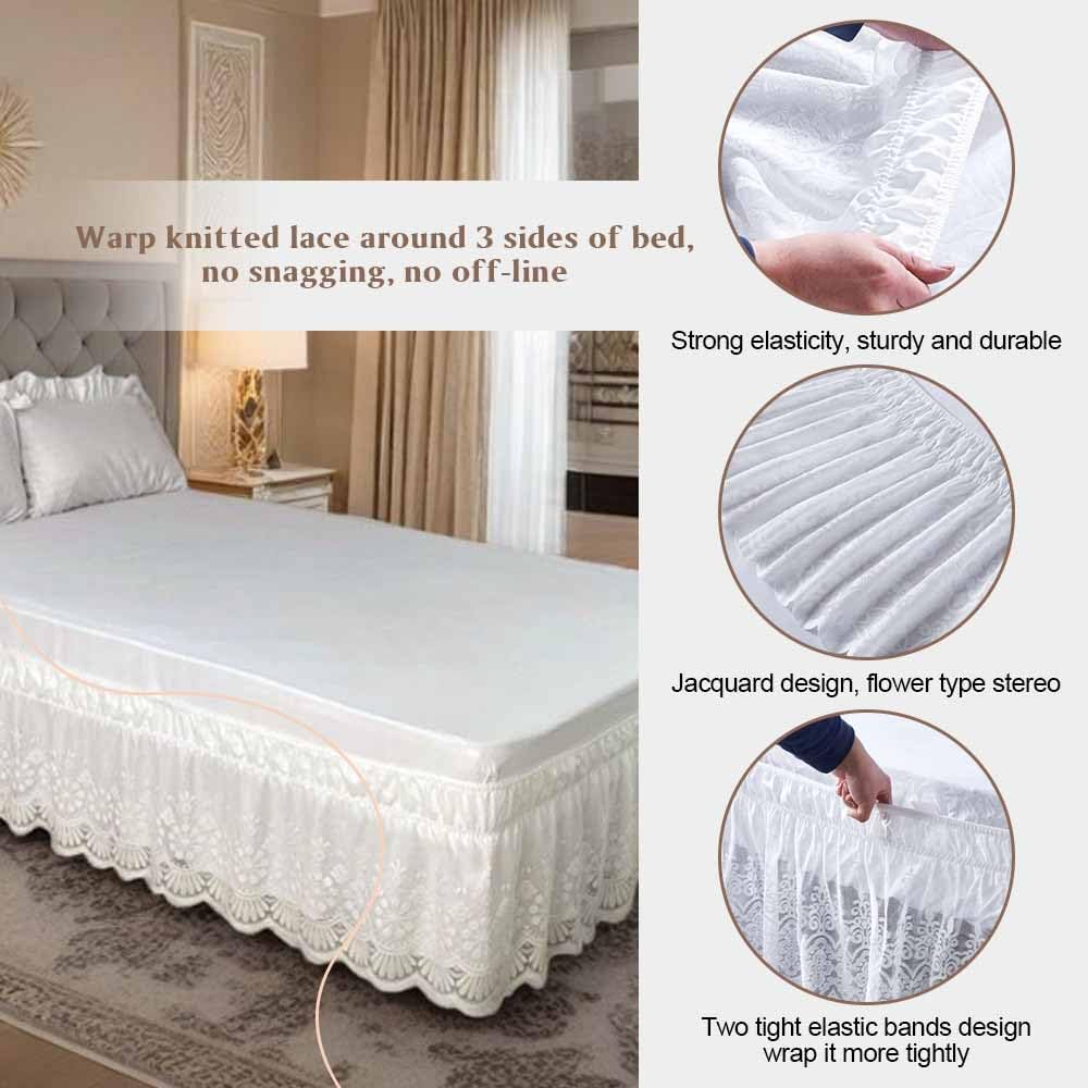 Elastic Double Lace Bed Skirt for Queen Bed - 15 Inch Drop, No Bed Surface, 3-Sided Wrap Around Dust Ruffle (Rose)