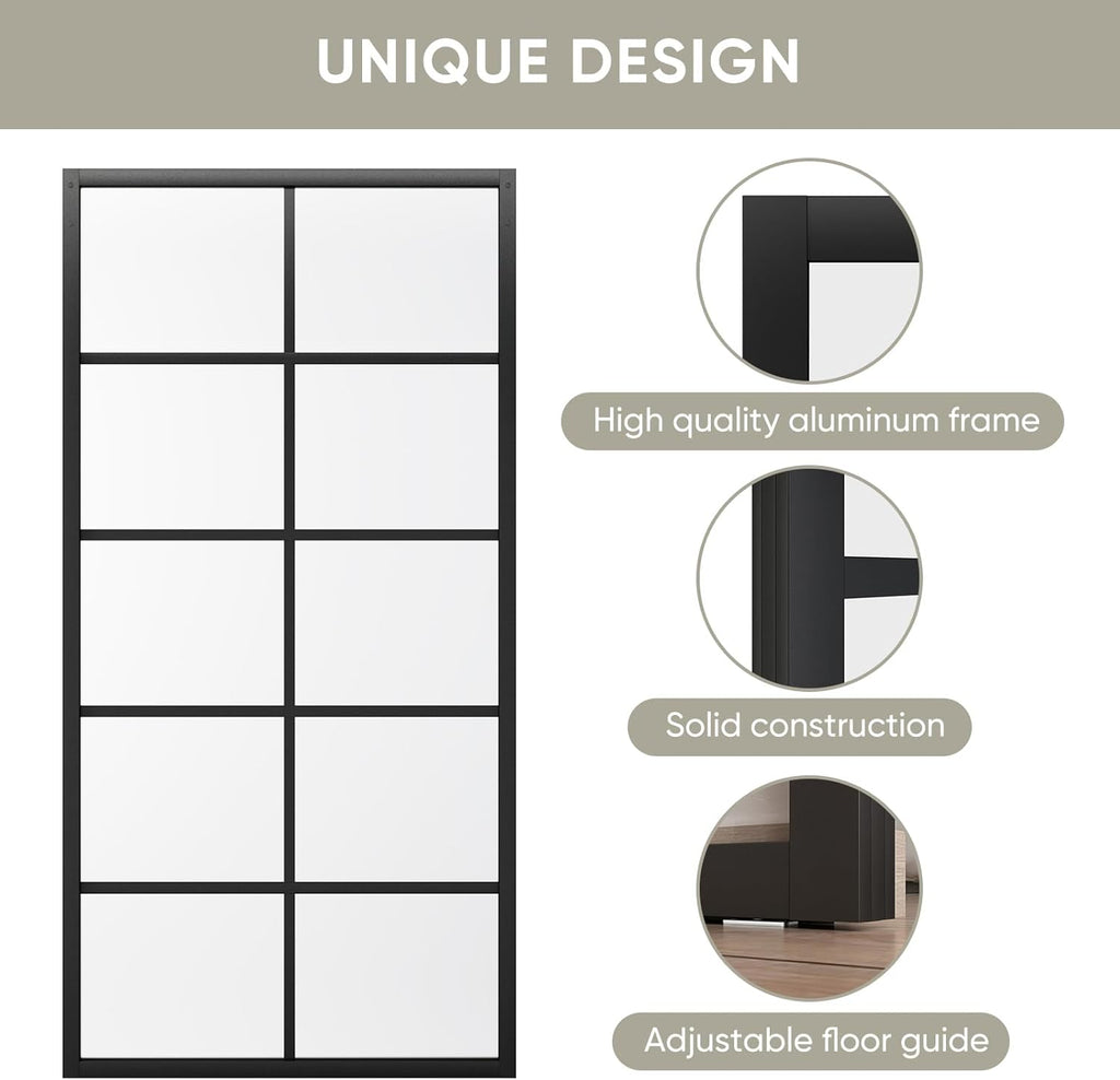 DIY Glass Sliding Kitchen Barn Door - 42in x 84in Modern French Style, Aluminum Frame, 5-Lite Temper