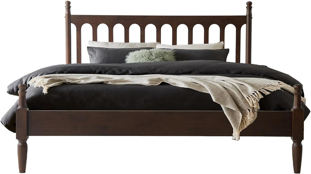 Queen Bed Frame with Headboard & Footboard, Solid Wood Platform Bed, Centre Metal Legs,12 Heavy-Duty Slatted Base, No