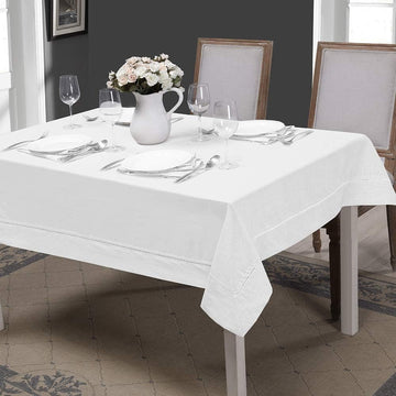 Premium 100% Linen Hemstitch Tablecloth-60 x 104 Inch White, Natural Fabric, Rectangular Tablecloth 