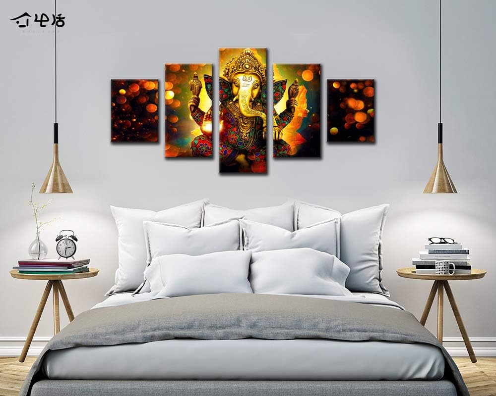 Large 5 Panel Hindu God Ganesha Wall Art - Traditional Indian Canvas Prints Decor (Framed)