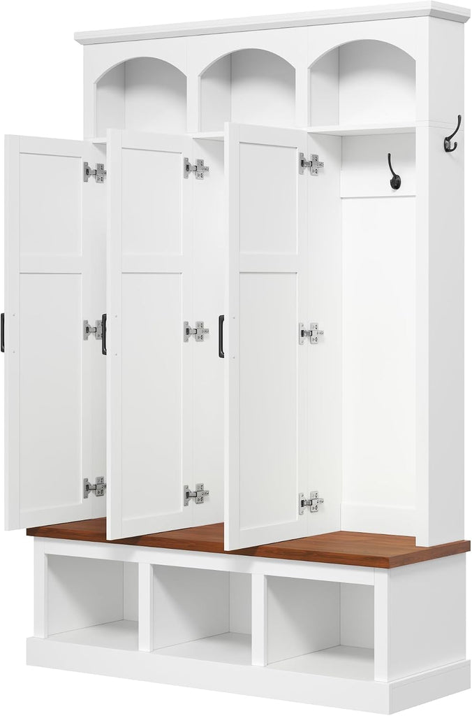 Classic Arched Hall Tree with 3 Hidden Storage, Farmhouse Mudroom Bench with 5 Hooks, Mid-Century Entryway Organizer