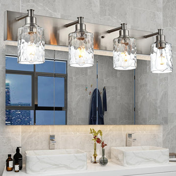 4-Light Bathroom Vanity Light Fixture Brushed Nickel Industrial Wall Sconce Lighting with Hammered Glass Shade