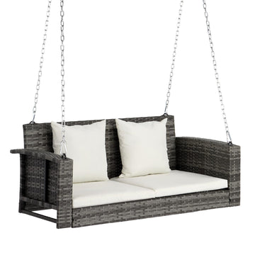 4FT Rattan Swing Bench, Wicker Hanging Porch Swing (Grey+White)