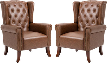 PU Leather Accent Chair Set of 2, Modern Upholstered Living Room Chair Sofa Chair with Wooden Legs, Wingback Armchair
