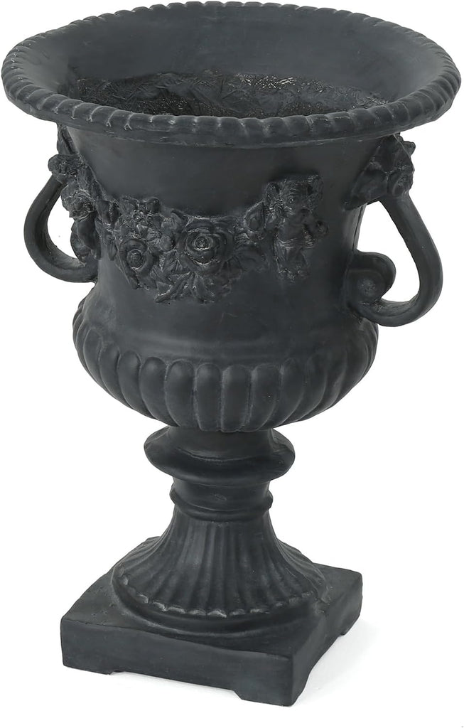 Antique Black Outdoor Urn Planter, Magnesium Oxide Large Urn Planter Outdoor with Drainage Hole, Elegant Vintage Style