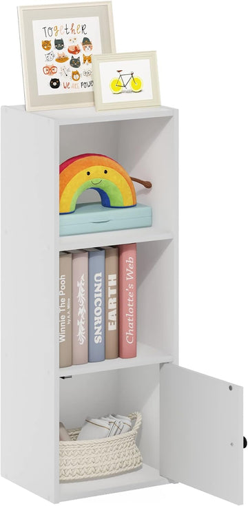 LUDER Book Shelf, 3-Tier Modern Bookshelf, Bookcase with 1 Door Storage Cabinet, 9.3 x 12 x 31.5