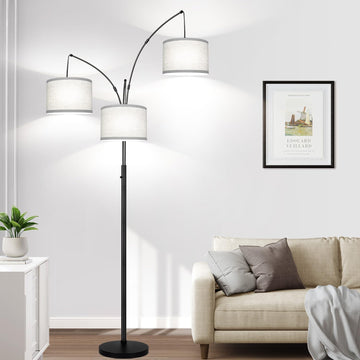 Dimmable Floor Lamp, 3 Lights Black Arc Floor Lamp, Modern Tall Standing Tree Lamp with Grey Linen S