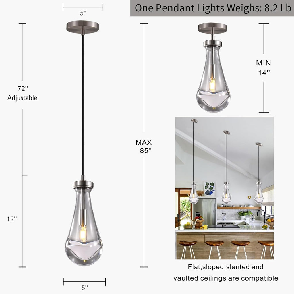 Raindrop Pendant Lights Kitchen Island Teardrop Nickel Hanging Light Fixtures Clear Solid Glass Pendant Light Modern Chandeliers for Dining Room Porch Corridor Living Room (1-Pack)
