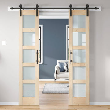 Double 18×84 inch Glass Sliding Barn Door Slab with 6.6ft Hardware Kit Included, 5-Panel Frosted Gla