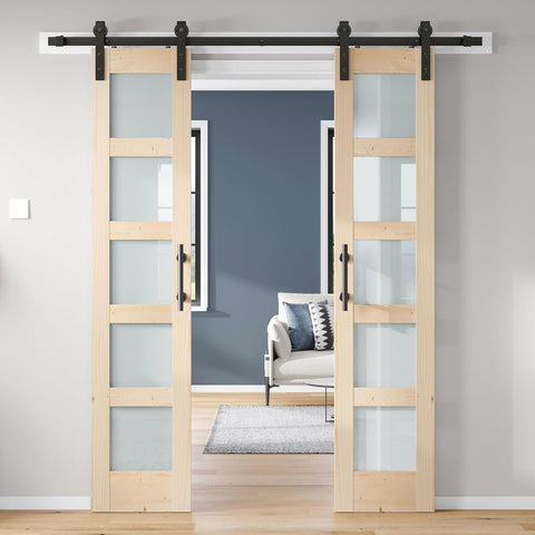 Double 18×84 inch Glass Sliding Barn Door Slab with 6.6ft Hardware Kit Included, 5-Panel Frosted Gla