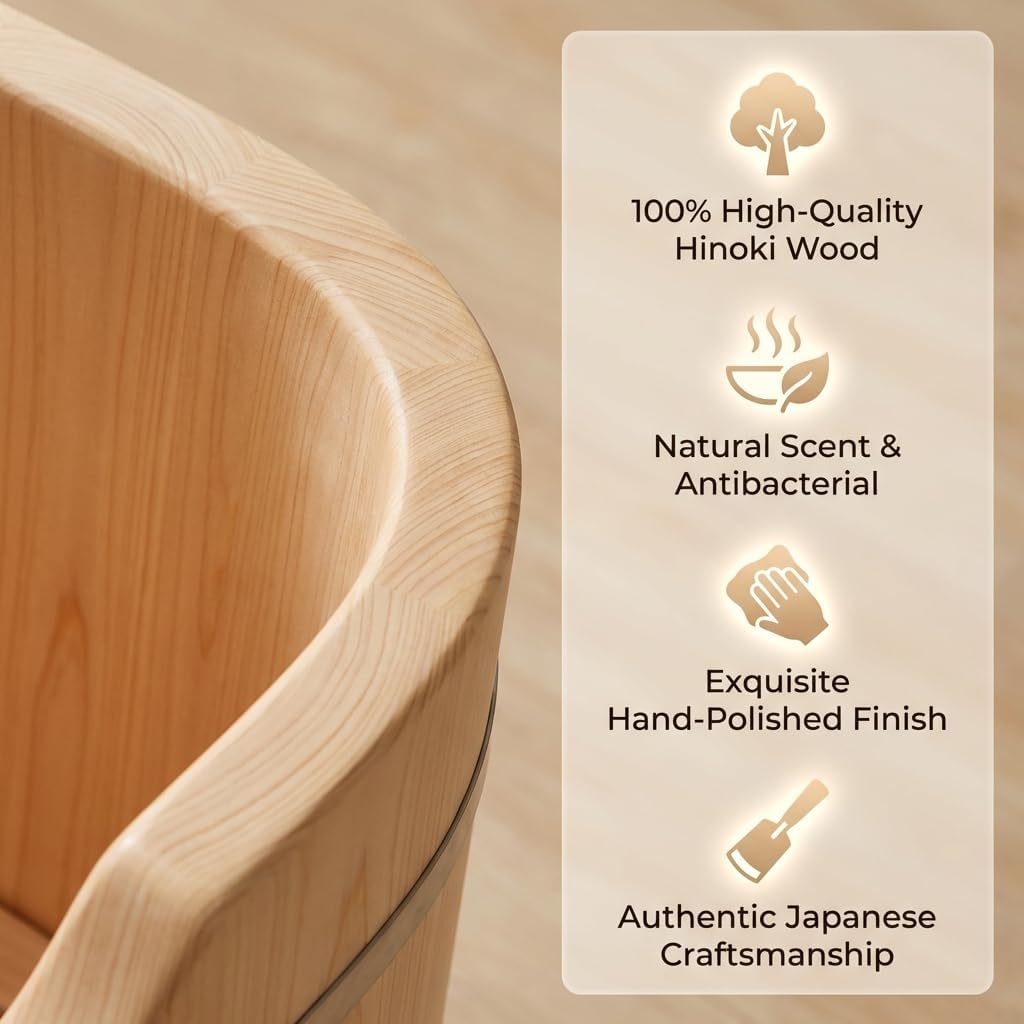 Premium Japanese Hinoki Wood Soaking Tub - 47.2" Freestanding Bathtub with Copper Drain