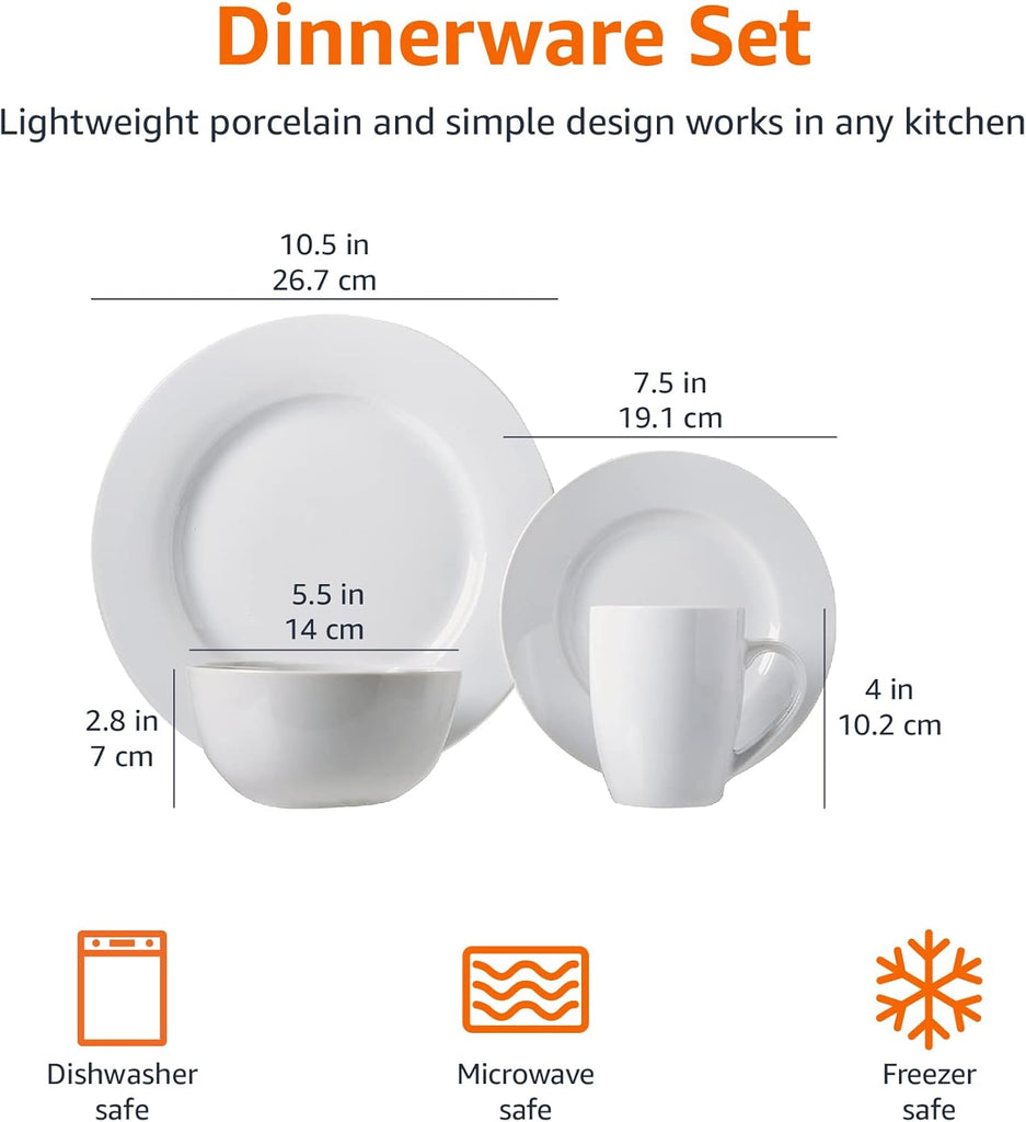 16-Piece Porcelain Dinnerware Set, Microwave and Dishwasher Safe, Service for 4, Plates, Bowls and Mugs, White