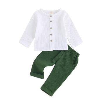 Toddler Boys Girls Fall Outfits Long Sleeve Button Down Shirt Elastic Waist Pants 2Pcs Little Kids Clothes Set