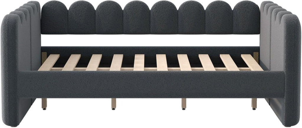 Queen Size Upholstered Daybed with Backrest and Armrests, Gray | Day Bed with Slat, Lambswool Fabric, Easy Assembly