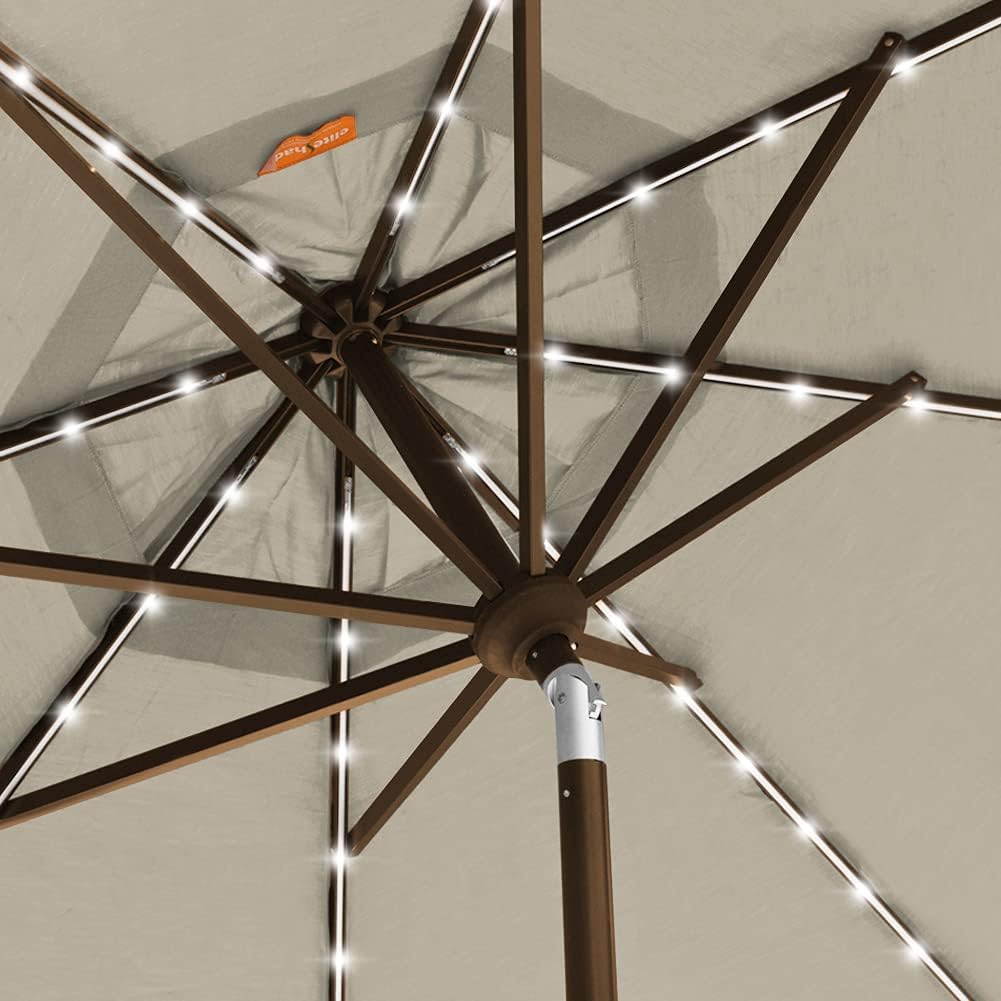 USA 10-Year-Non-Fading 9ft 3-Tier Market Patio Umbrella, Commercial Table Umbrella with 80 Solar LED Lights - Antique Be