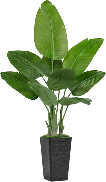 Lifelike Bird of Paradise Artificial Plant 5ft Faux Banana Leaf Tree with Black Tall Wavy-Textured Planter Decor