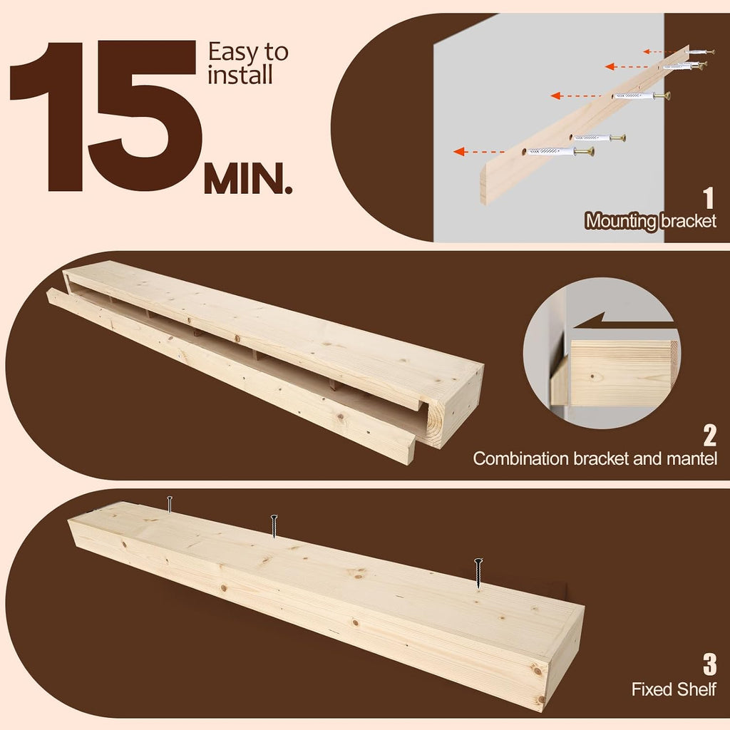 Fireplace Mantel Shelf, 56" Wooden Floating Shelf for Over Fireplace, Wall-Mounted Mantel Shelves, Decorative