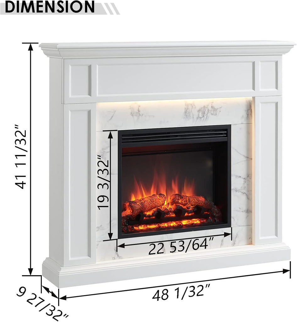 Fireplace Suite Sheraton, 48 Inch Mantel Surround, Cream White with Snow White Marble Pattern Finish