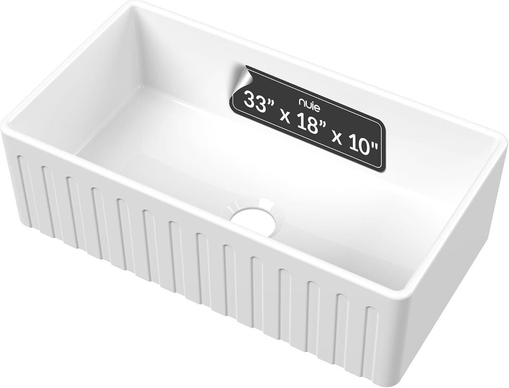 White Kitchen Sink 33 inch Single Bowl Apron Fluted Front Farmhouse Sink with Central Drain Position, Fireclay