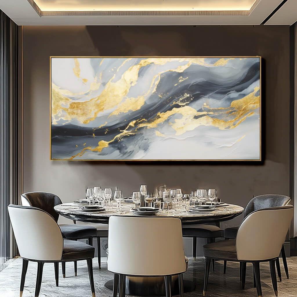 Framed Canvas Pictures Gold Wall Art Abstract Wall Art Blue Decor Metal Arts Large Prints Picture 24"x48" Artwork