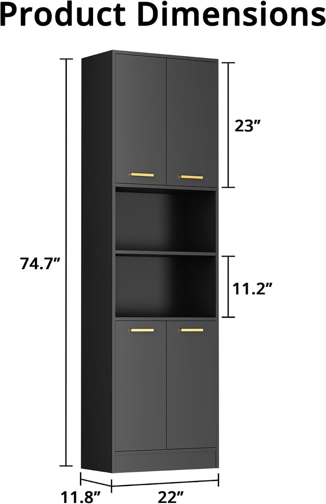 Kitchen Pantry Cabinet, 75" Tall Wood Storage Cabinet with Doors and Shelves, 4 Doors Open Countertop Utility Hutch