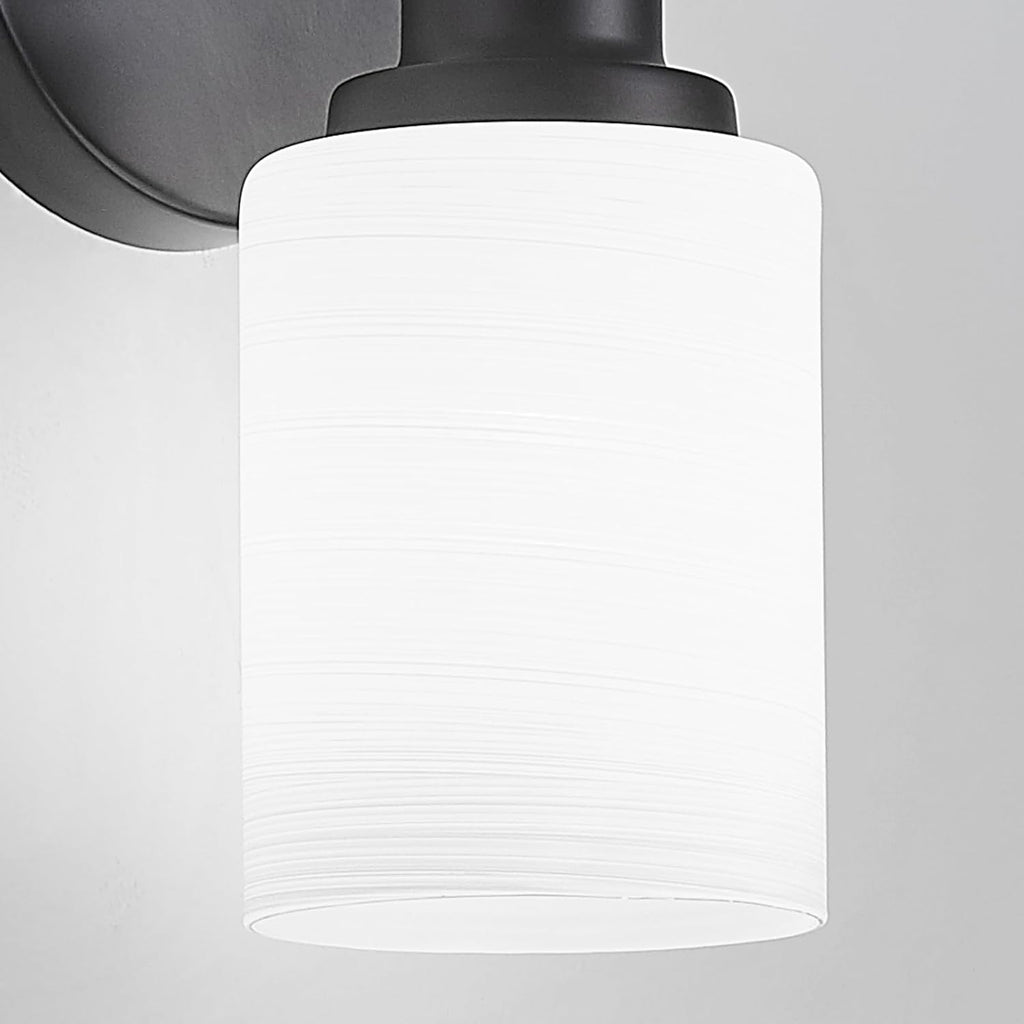 2-Light Vanity Lights, Black Bathroom Light Fixture with Striped Textured Milky White Glass Shade, Modern Vanity