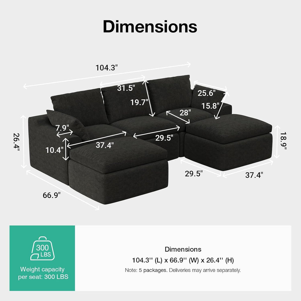104.3" Modular Cloud Couch, Modern Sectional Sofa with Smarts Coil Support, Chenille Fabric, Upholstered Couch