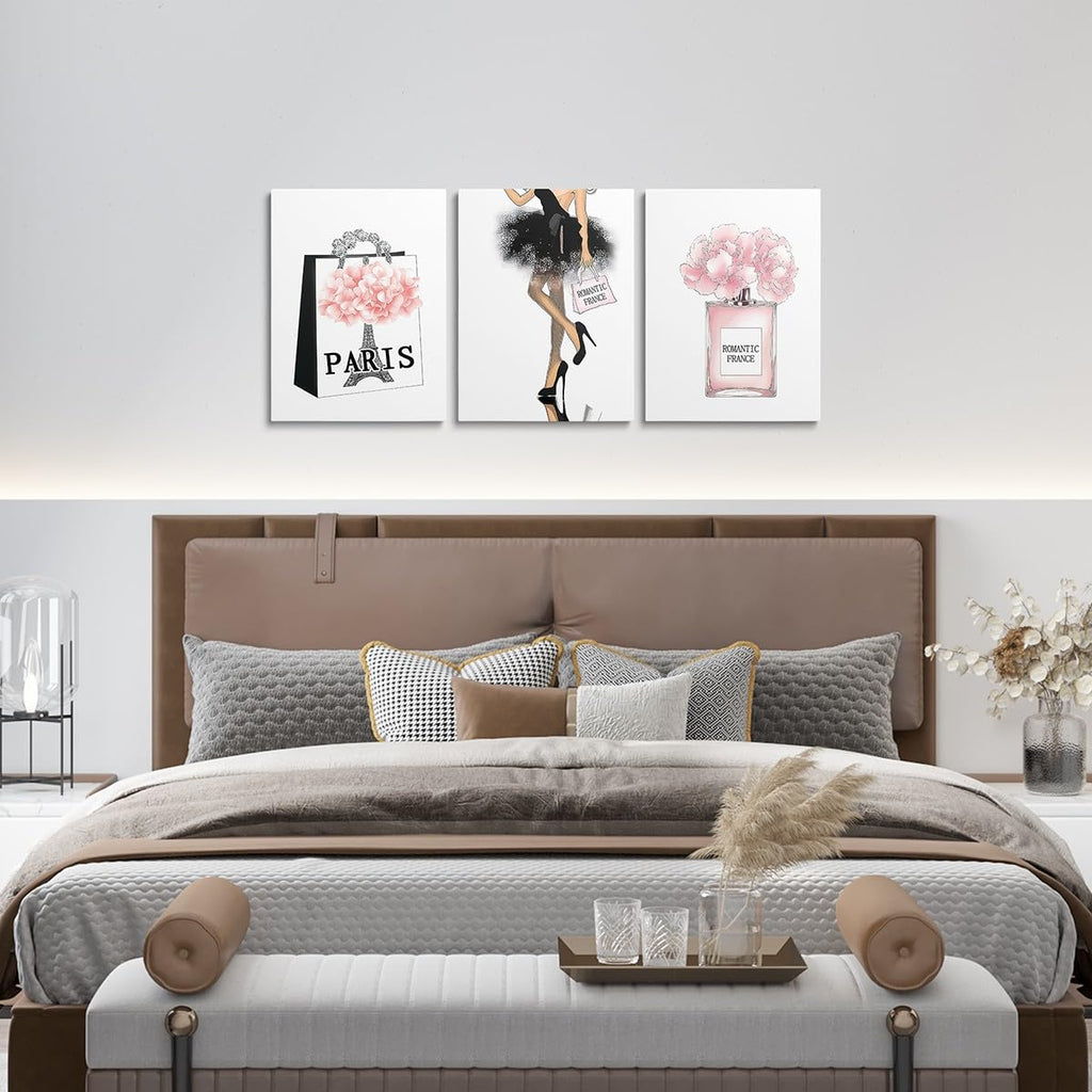 Eiffel Tower Picture Wall Decor Paris decor Canvas Wall Bedroom Rose Floral Bathroom Wall Decor Boys Girls Romantic