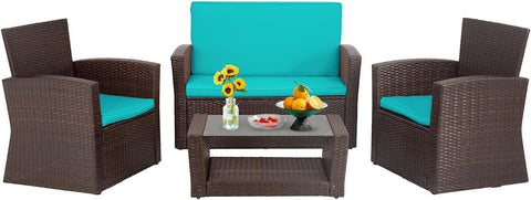 4 Piece Patio Furniture Sets, Wicker Conversation Set 4 All-Weather Outdoor Sectional Patio Sofa for Porch Deck with Blue Cushion Brown Rattan Sofa Chair A106-B0DBLPY2GF
