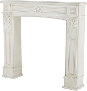 Wooden Fireplace Mantle Freestanding with Leaf Accents, 47" 9" 43", White