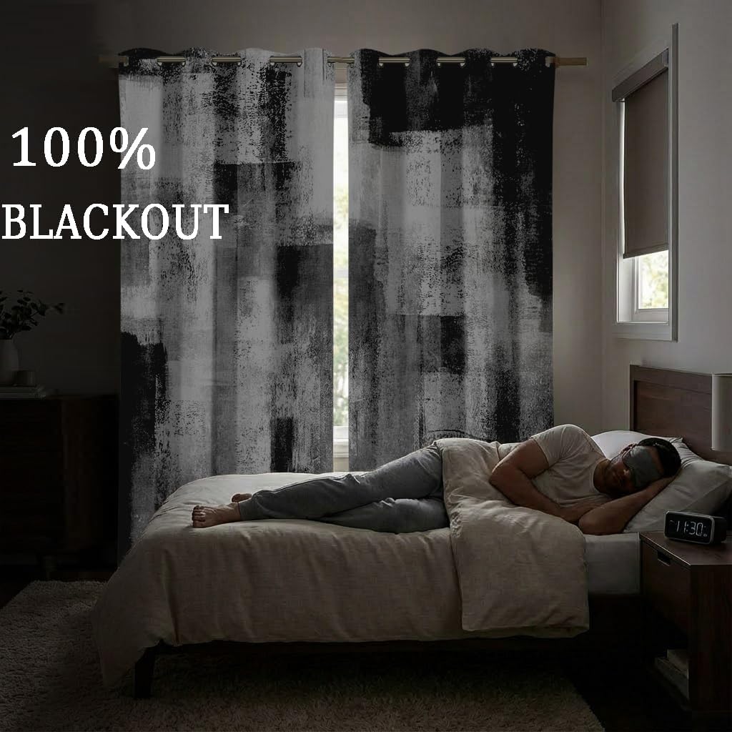 100% Blackout Curtains,Black and Gray Abstract Blackout Curtains 84 Inches Long,Grey Black White Full Room Darkening