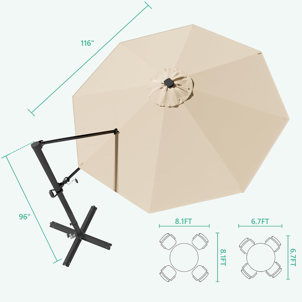 10FT Outdoor Patio Umbrella with High Pedel and 4 Gear Heights, Large Offset Market Umbrella with 360-degree Rotation