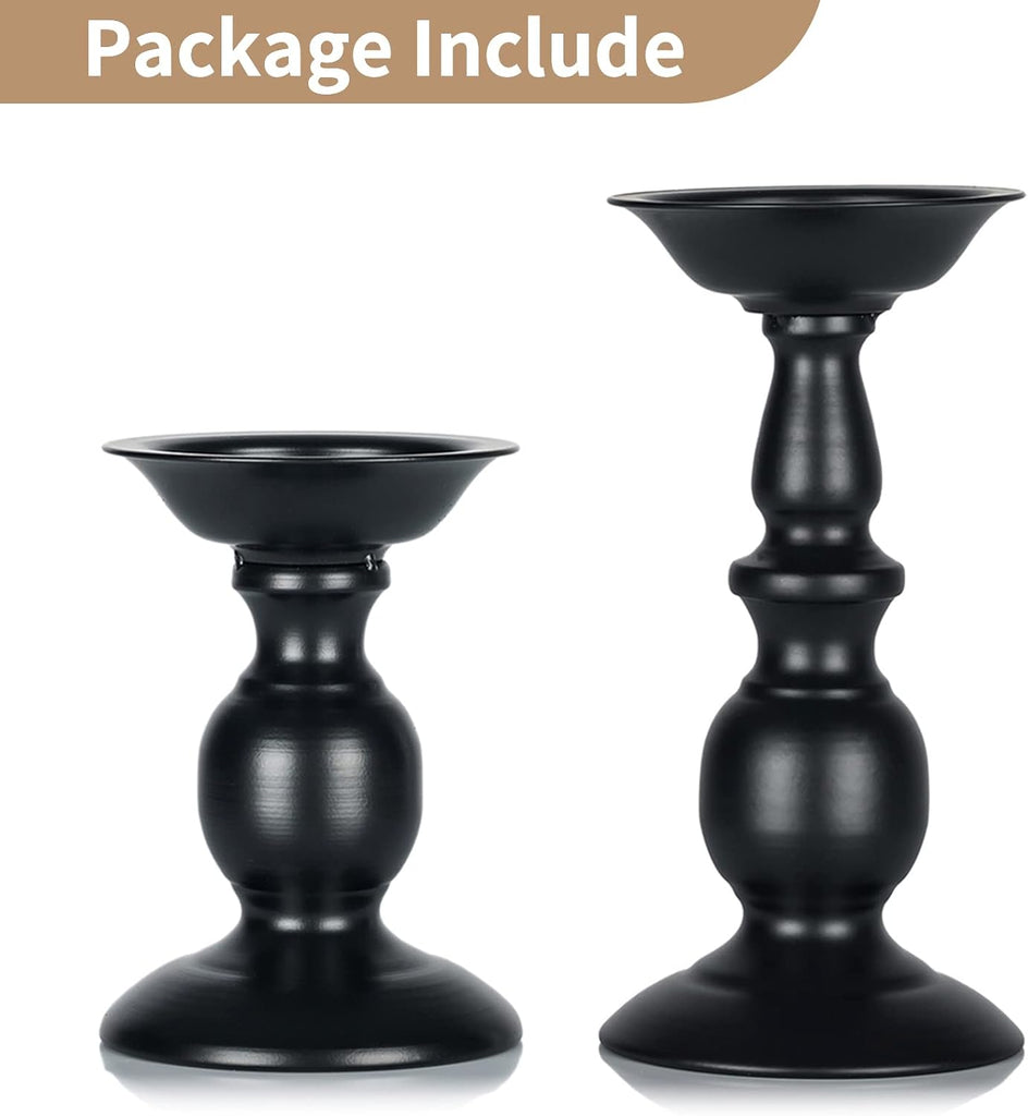 Black Candle Holder for Pillars: Rustic Metal Candle Stands Set | Tall Retro Farmhouse Candleholder 2 Pcs (S + L) for