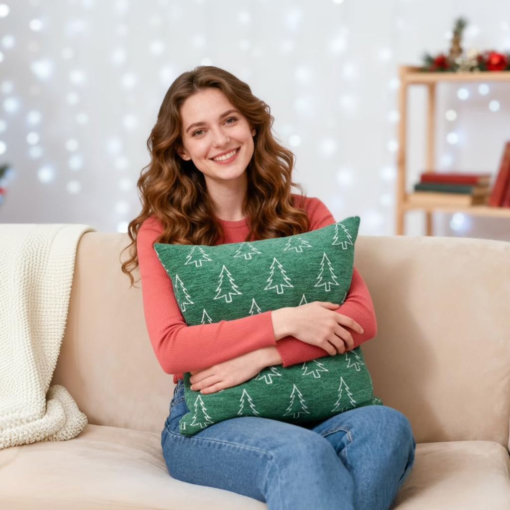 Soft Chenille Christmas Pillow Covers 18x18, Reversible Snowflake & Tree Pattern, Thick & Cozy Farmhouse - Set of 2