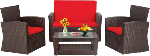 4 Piece Patio Furniture Sets, Wicker Conversation Set 4 All-Weather Outdoor Sectional Patio Sofa for Porch Deck with Red Cushion Brown Rattan Sofa Chair A106-B0DBPS1W4P