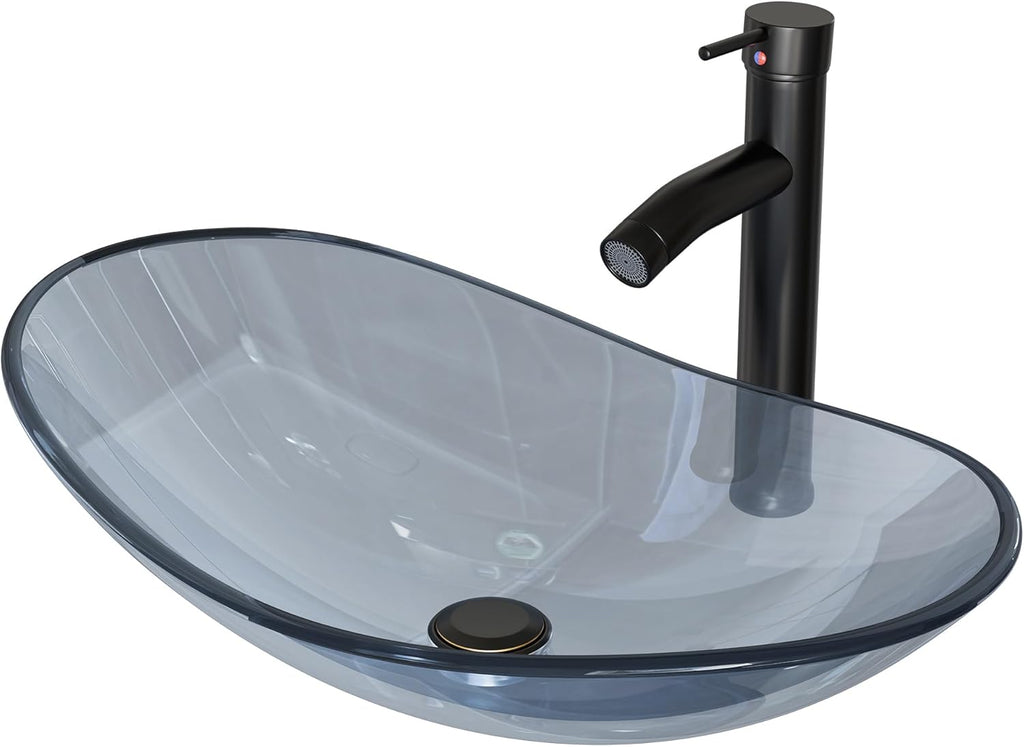 Vessel Sink Bathroom Sinks Tempered Glass Art Basin 20.8"x13.7" Oval Bowl Above Counter with Faucet and Pop-Up Drain