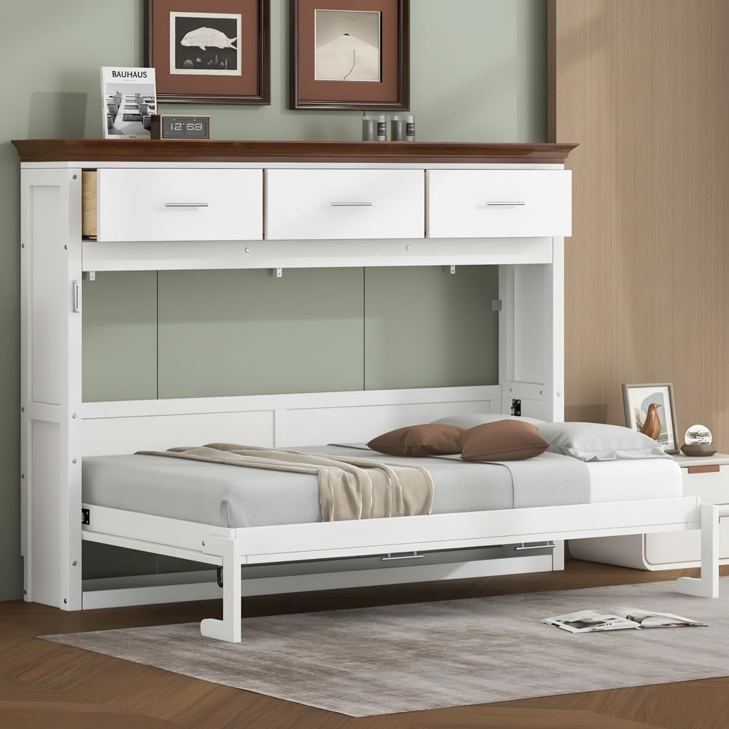 Twin Horizontal Murphy Bed with Storahe Drawers, Can be Folded into a Cabinet for Guest Room, Wood Foldable Wall Bed