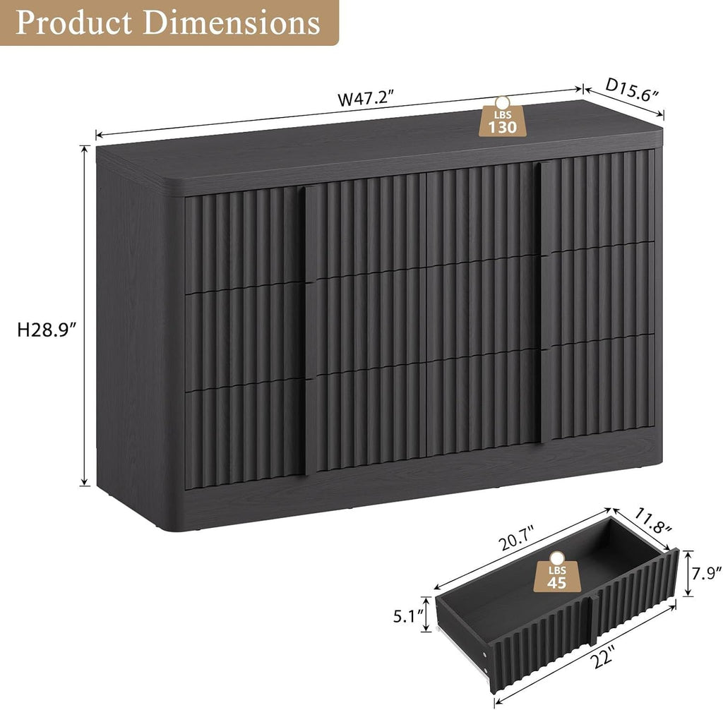 Fluted Dresser , 47" Wide 6 Drawer Dresser, Modern Chest of Drawers with Solid Wood Handle, Curved Profile Design
