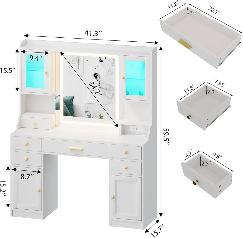 White Makeup Vanity Desk with LED Mirror & RGB Cabinets | Vanity Table with Charging Station and 6 Storage Drawers