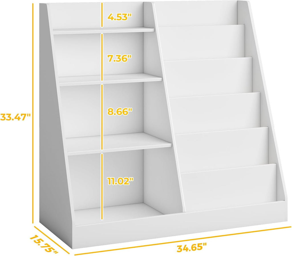 Upgraded 6 Tier Kids Wooden Bookshelf and Toy Storage, White | Children Toy Organizer with Upgraded Book Shelves